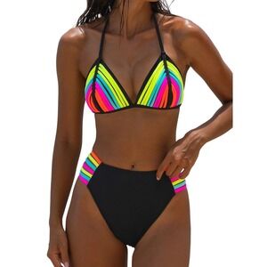 NWT Popvil Neon Triangle Halter Black Rainbow High Cut Swimsuit Large